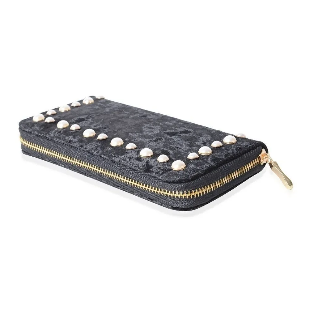 Wallet RFID Black Velvety Simulated Pearls